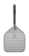 Łopata do pizzy z perforacją i krótką rączką, kwadratowa z twardego anodowanego aluminium, 350x710mm