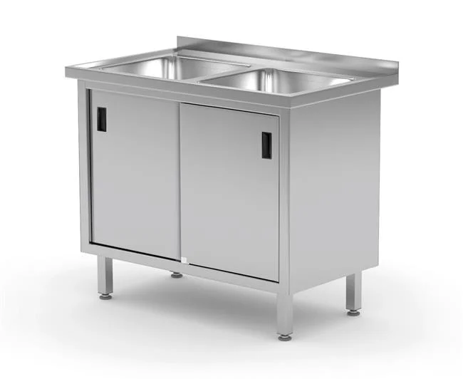 Stół z dwoma zlewami, szafka z drzwiami suwanymi, o wym. 1000x600x850 mm Wariant podstawowy