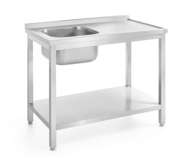Stół ze zlewem 1-komorowym i półką – skręcany, głębokość 600 mm, HENDI, Kitchen Line, Lokalizacja komory - po lewej, 1000x600x(H)850mm Wariant podstawowy